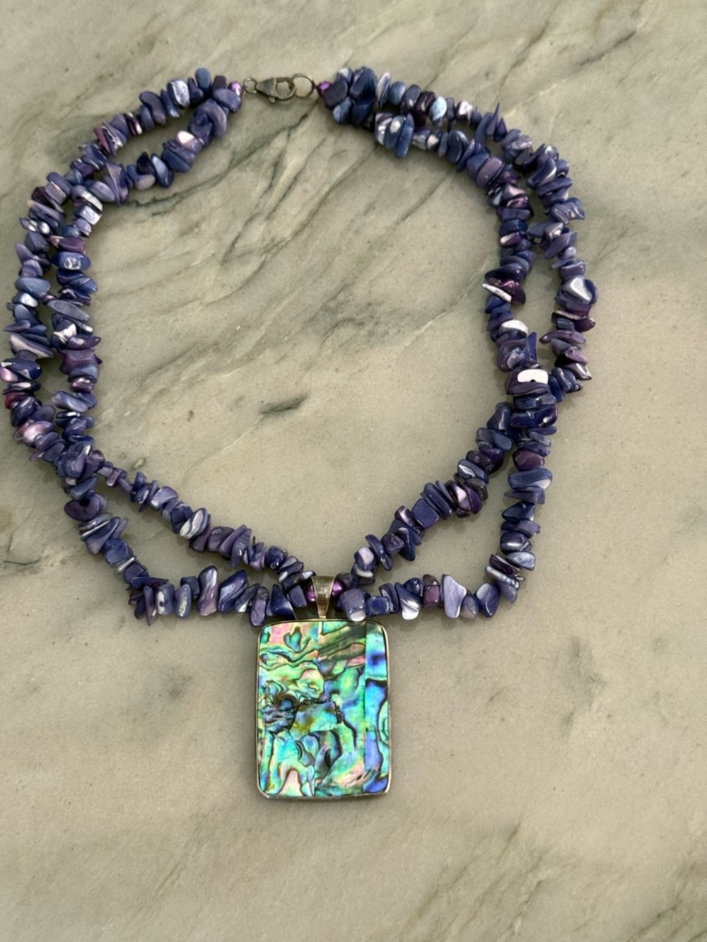 LUC 925 Sterling Abalone Shell Pendant Necklace 18" MOP Purple 2 Strand Beach